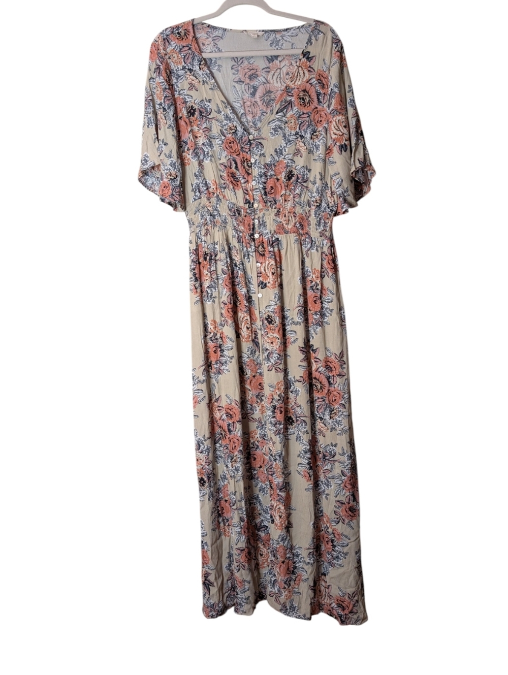 Oddi Floral Button Down Maxi Dress Short Flutter Sleeve size XL Rayon boho-chic